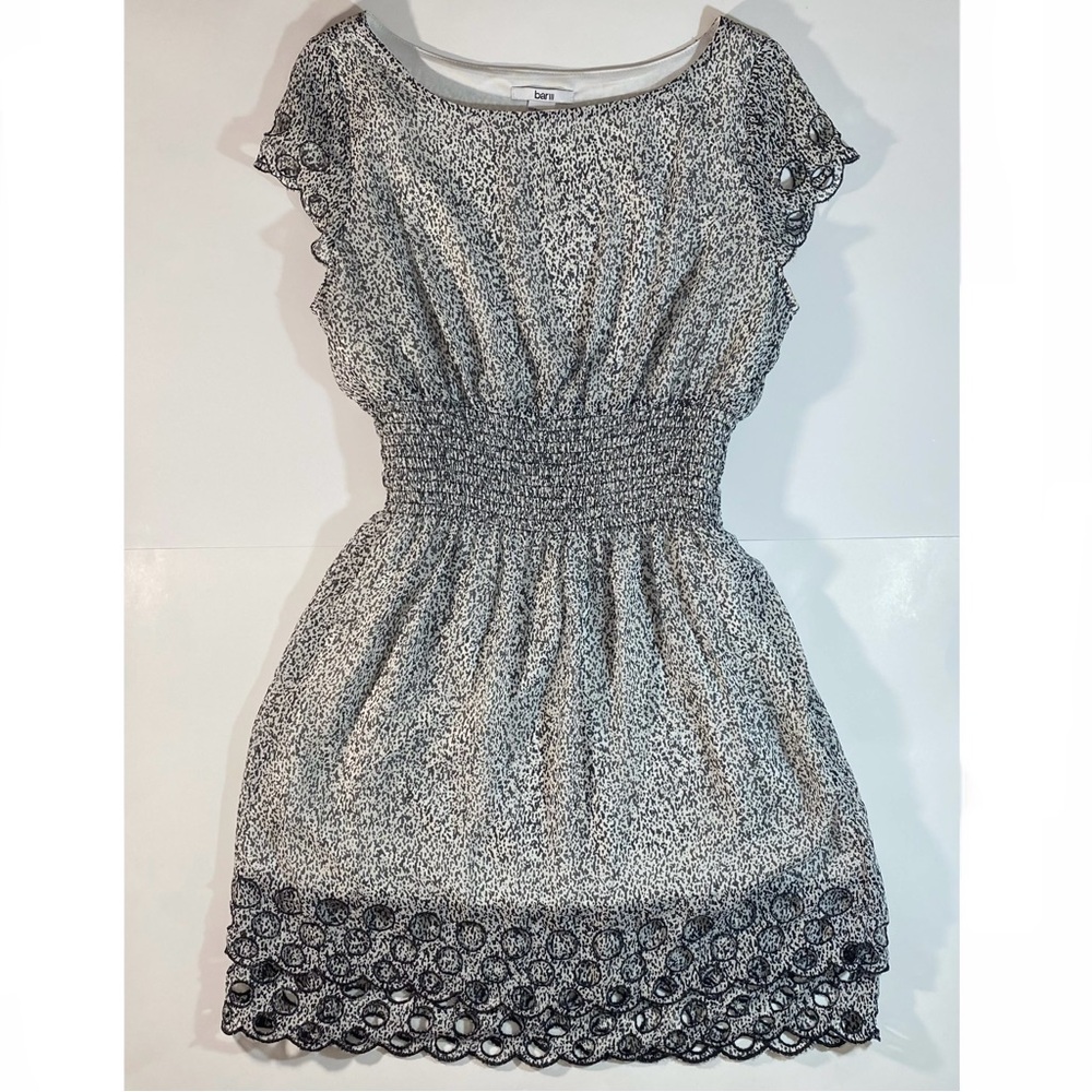 Bar III Black/White Chiffon Eyelet Mini Dress Smocked Waist Cap Sleeve Jr Medium
